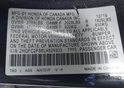 2020 Honda Civic Sport from USA, damaged, VIN 2HGFC2F86LH525933